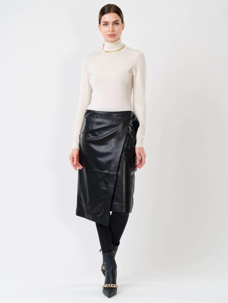 Черная кожаная юбка миди 07, размер 44, артикул 85430-3