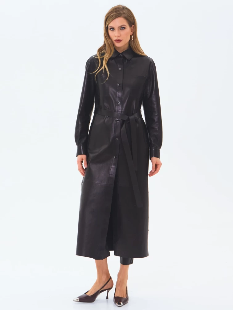Плащ женский кожаный премиум класса 3091, черный, размер 50, артикул 24390-0