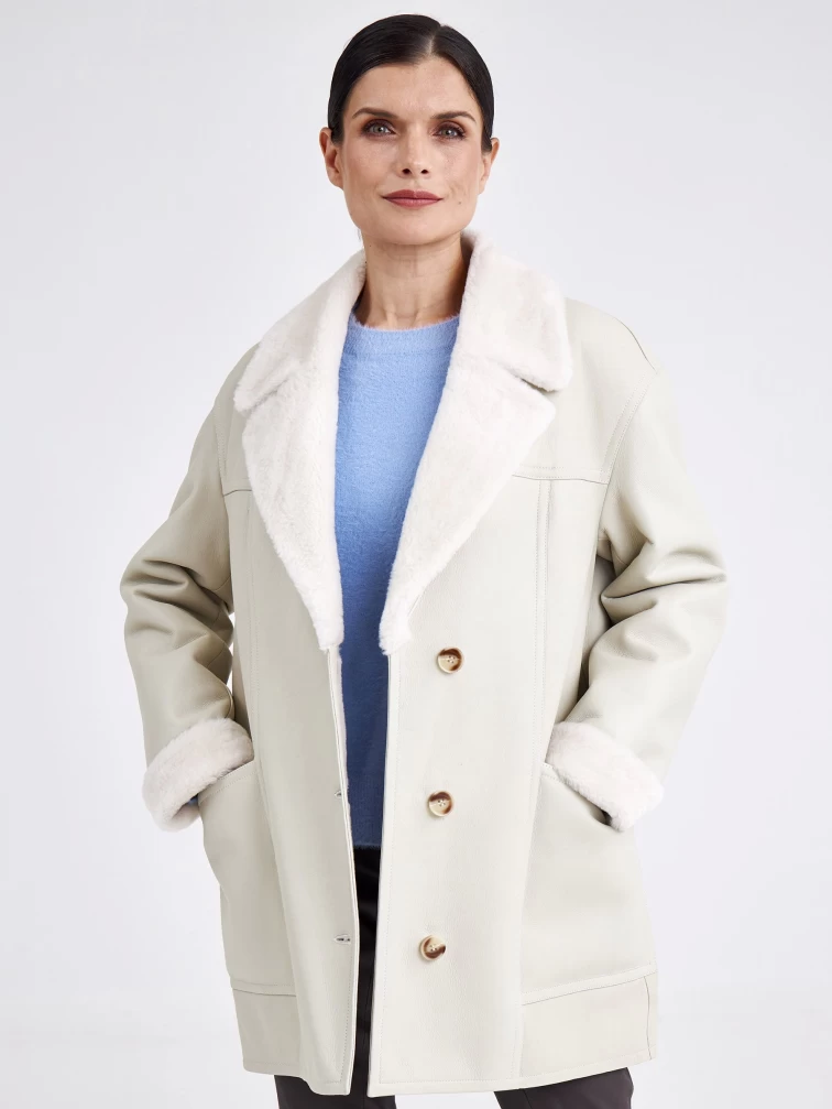 Короткая женская дубленка пиджак с поясом премиум класса 2011, белая, размер 48, артикул 62670-3