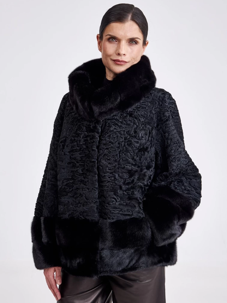 Шуба из меха каракуля с воротником из меха норки для женщин 19100(вн), черная, размер 54, артикул 33290-0