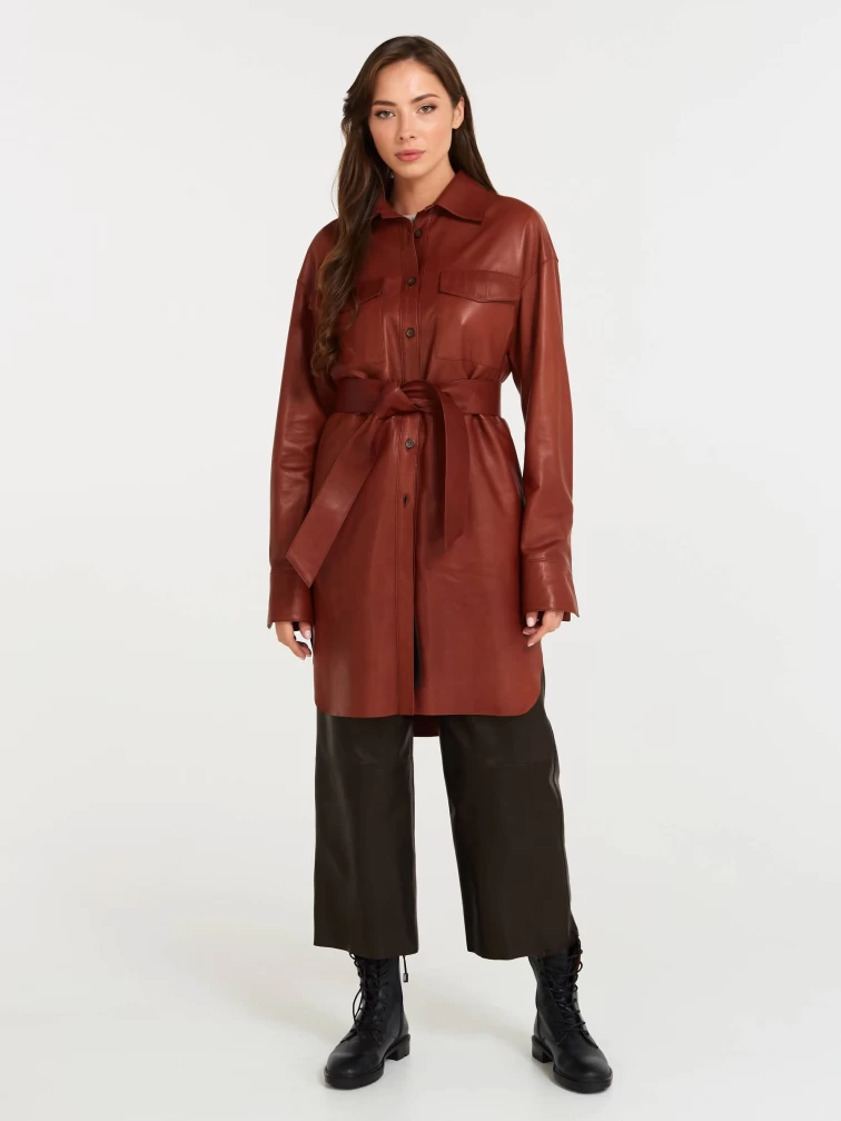 Кожаный комплект женский: Платье - рубашка 01 + Брюки 05, коньячный/черный, р. 44, арт. 111121-0