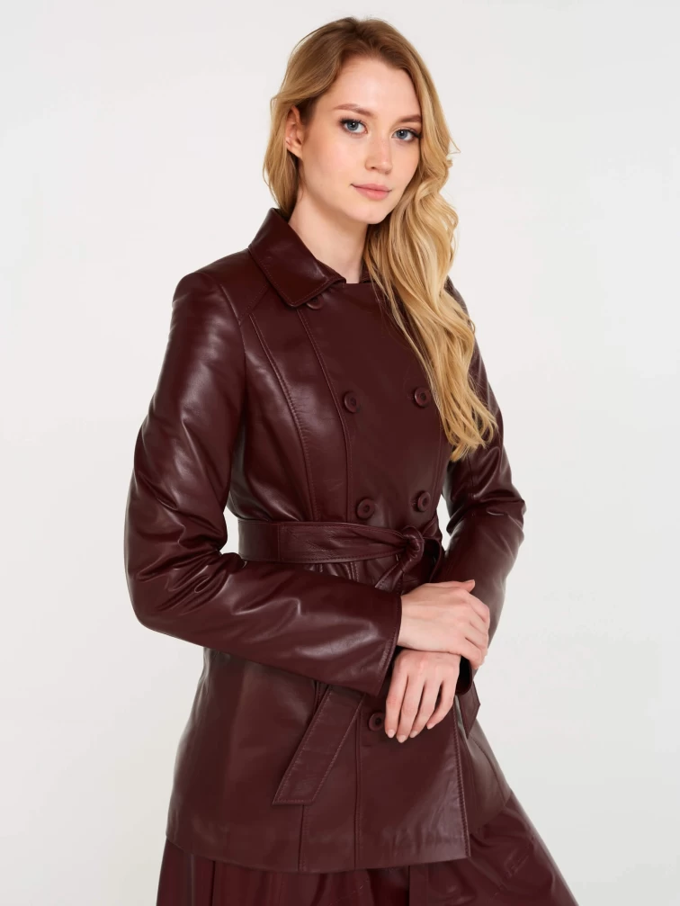 Женский утепленный кожаный двубортный френч 309ш, бордовый, размер 48, артикул 90600-3