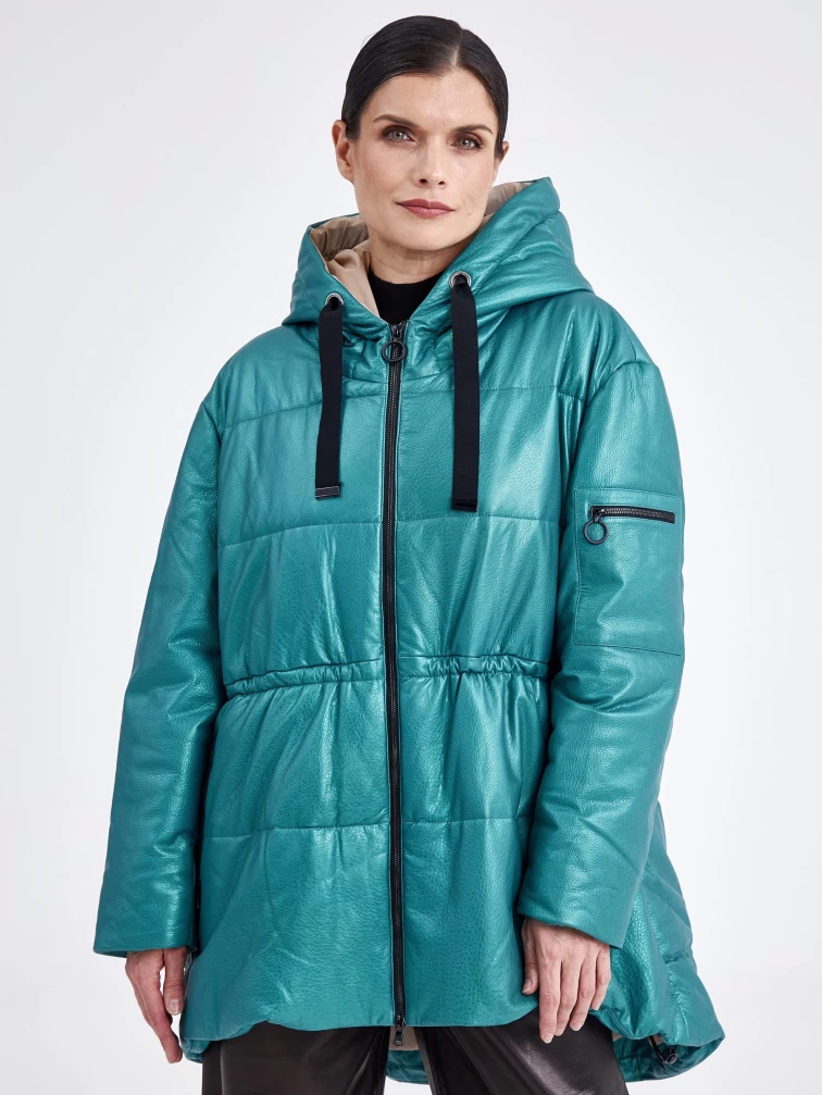 Кожаная женская куртка оверсайз с капюшоном премиум класса 3021, зеленая, размер 48, артикул 25470-4
