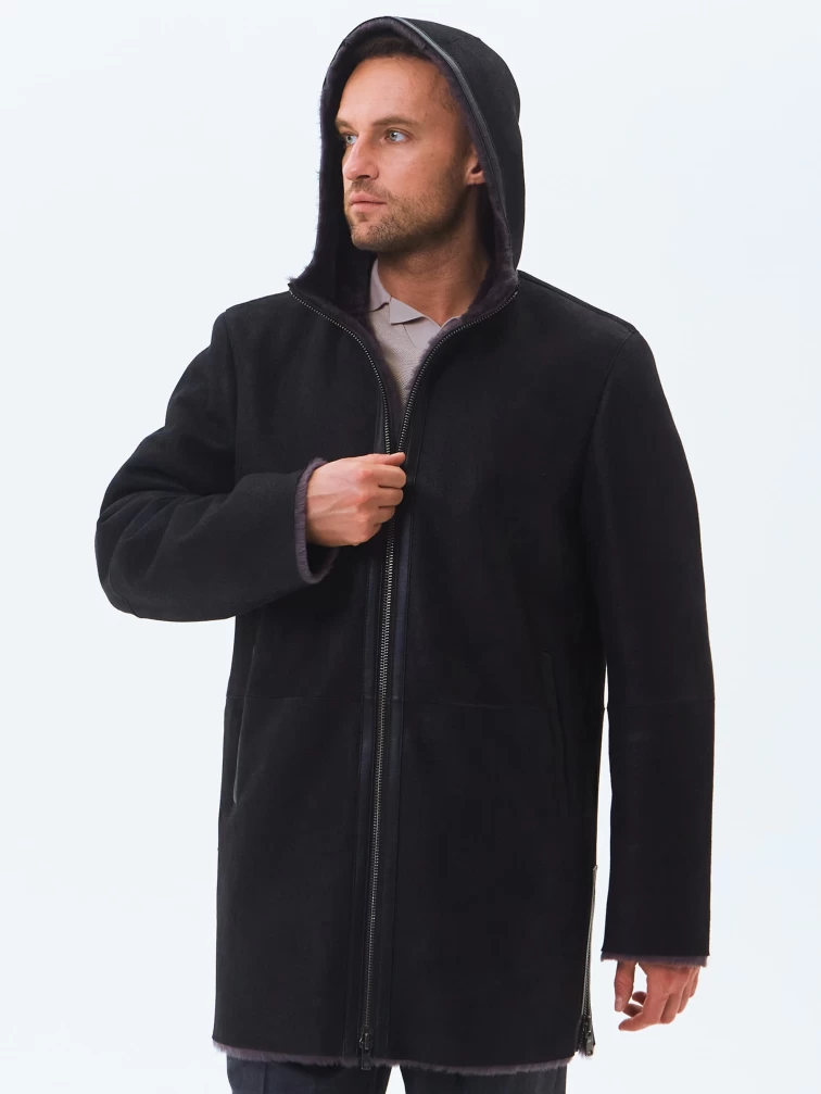 Длинная мужская дубленка из натуральной овчины премиум класса 438, черная, размер 52, артикул 41190-3