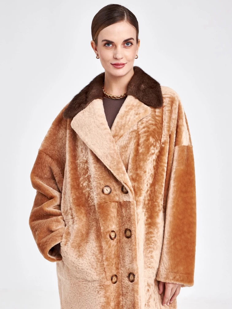 Двусторонняя двубортная женская шуба из астрагана с мехом норки премиум класса 2017, бежевая, размер 44, артикул 62801-6