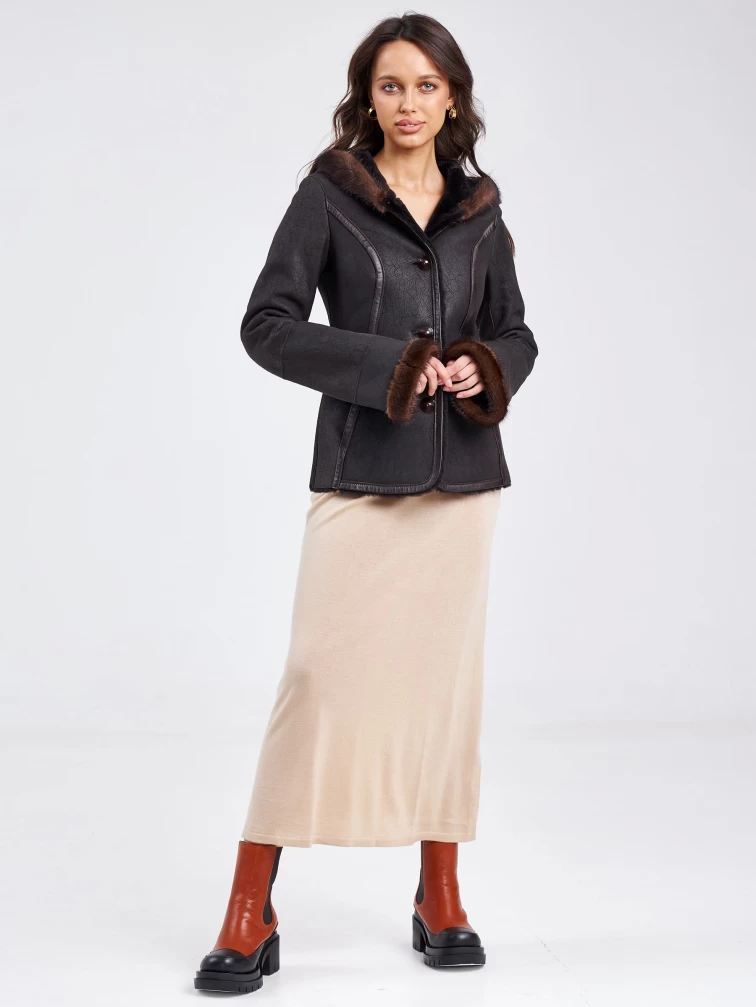 Короткая женская дубленка с капюшоном и мехом норки 240, коричневая, размер 40, артикул 62870-5