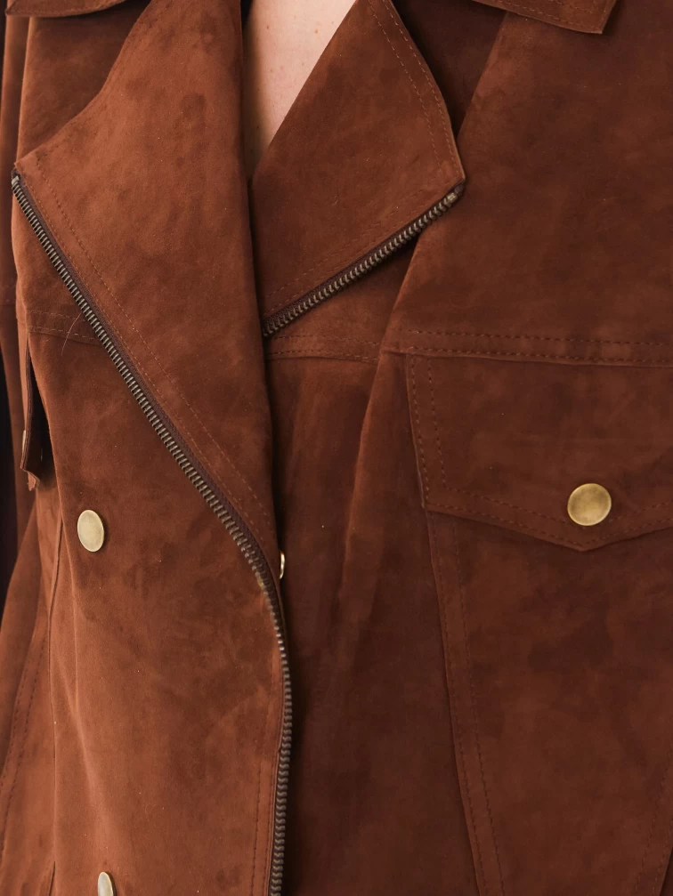 Короткая женская замшевая куртка косуха премиум класса 3085з, коньячная, размер 46, артикул 24620-2