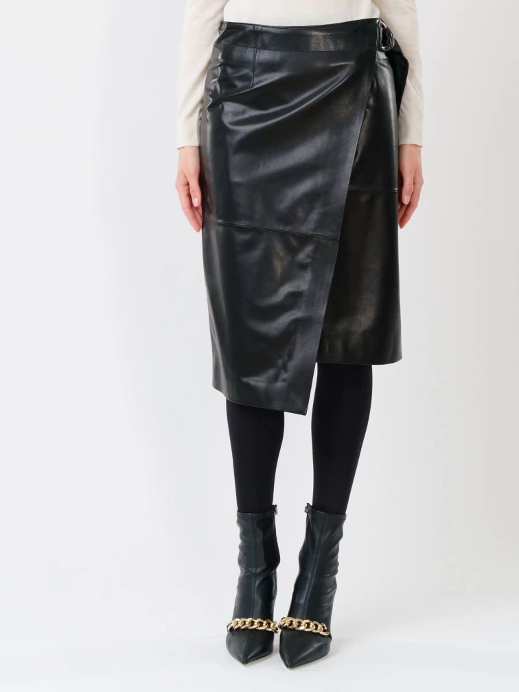 Черная кожаная юбка миди 07, размер 44, артикул 85430-6