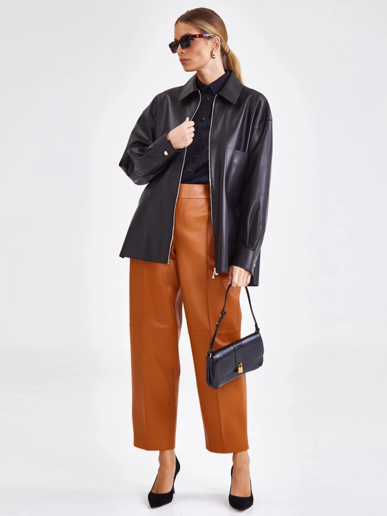 Кожаная женская куртка на молнии премиум класса 03, черная, размер 44, артикул 24750-6