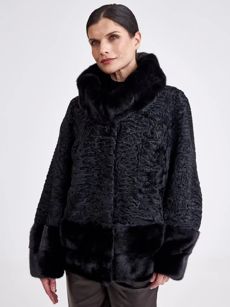 Шуба из меха каракуля с воротником из меха норки для женщин 19100(вн), черная, размер 54, артикул 33290-3