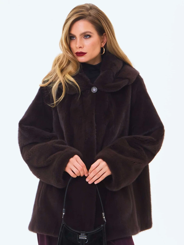 Женская норковая шуба с капюшоном премиум класса Жанета(к), коричневая, размер 58, артикул 34230-0