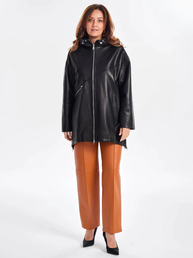 Кожаный женский плащ оверсайз на молнии с капюшоном премиум класса 3054, черный, размер 48, артикул 23490-5