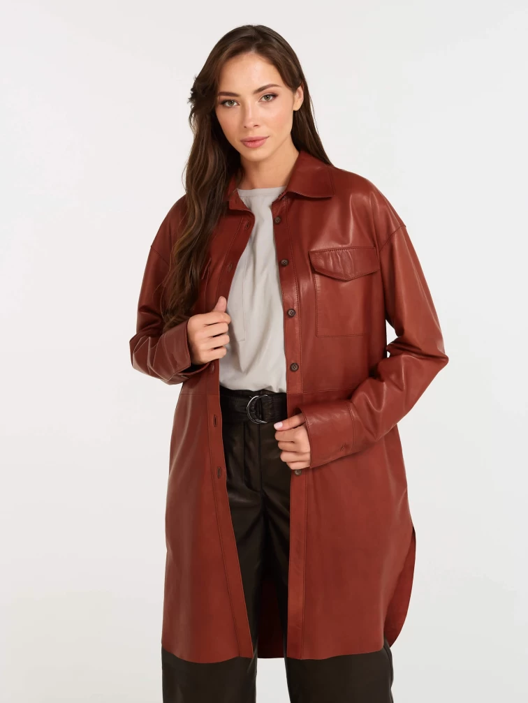 Кожаный комплект женский: Платье - рубашка 01 + Брюки 05, коньячный/черный, р. 44, арт. 111121-1