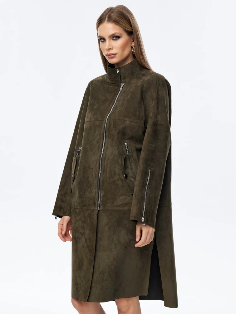 Длинный замшевый плащ оверсайз для женщин премиум класса 3041з, оливковый, размер 54, артикул 23580-5