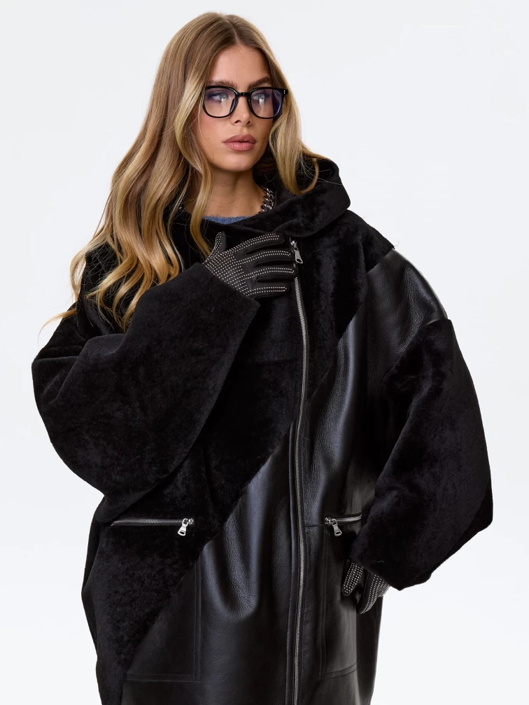 Женская дубленка оверсайз с капюшоном премиум класса 2055, черная, размер 50, артикул 62450-0