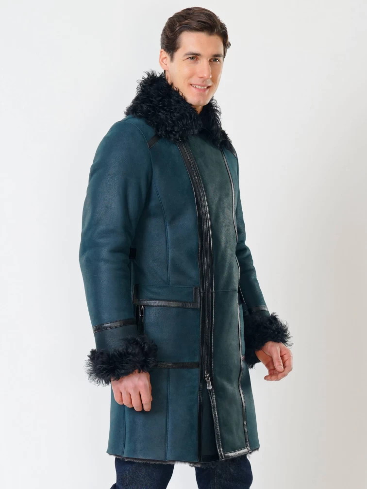 Длинная мужская дубленка с мехом тиградо премиум класса 424, синяя, размер 52, артикул 70511-2