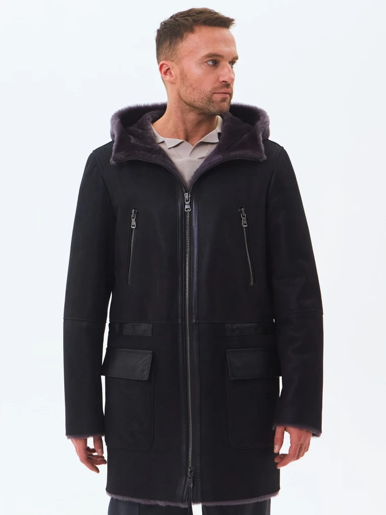 Длинная мужская дубленка с капюшоном премиум класса 429, черная, размер 52, артикул 71460-0