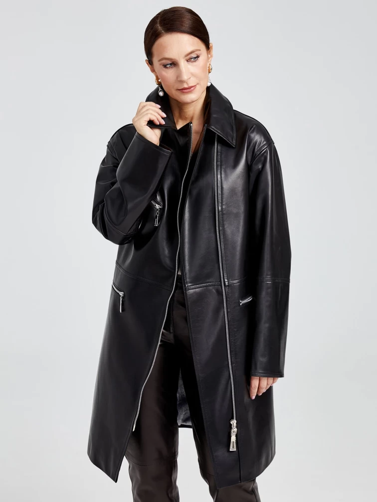 Кожаный женский плащ косуха оверсайз 3015, черный, размер 46, артикул 91651-2