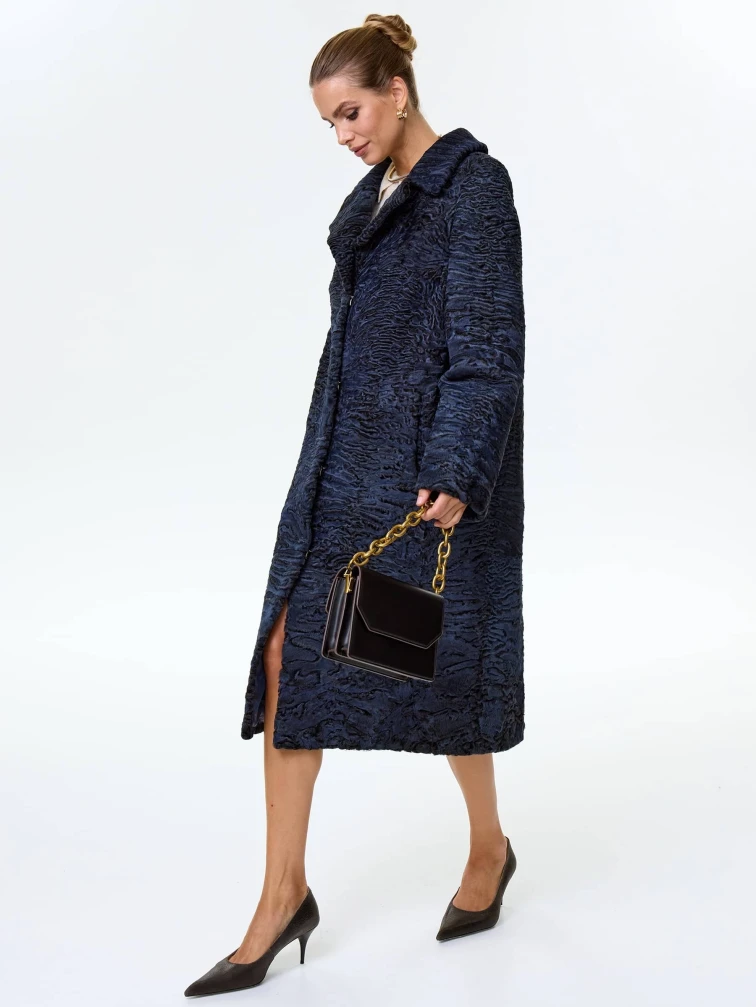 Длинная женская шуба из меха каракульчи премиум класса Лола(ав), синяя, размер 48, артикул 34010-2