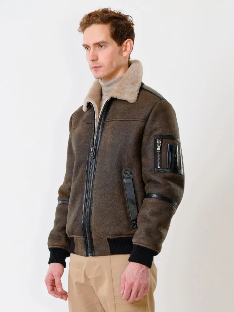 Короткая дубленка бомбер премиум класса для мужчин 428, коричневая, размер 50, артикул 70340-6