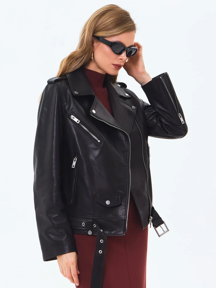 Кожаная женская куртка косуха с поясом премиум класса 3078, черная, размер 44, артикул 24510-0