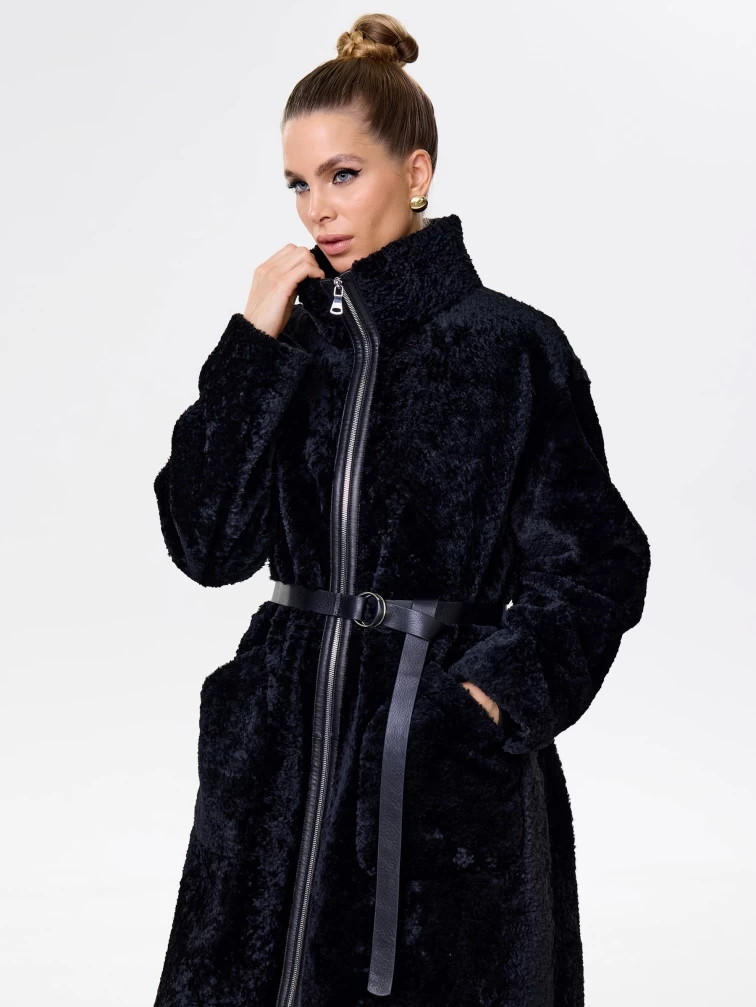 Длинное женское пальто из натуральной овчины астрагана премиум класса 2060, черное, размер 46, артикул 64320-6