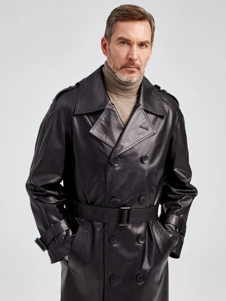 Мужской двубортный кожаный плащ премиум класса 553, черный, размер 52, артикул 40541-5