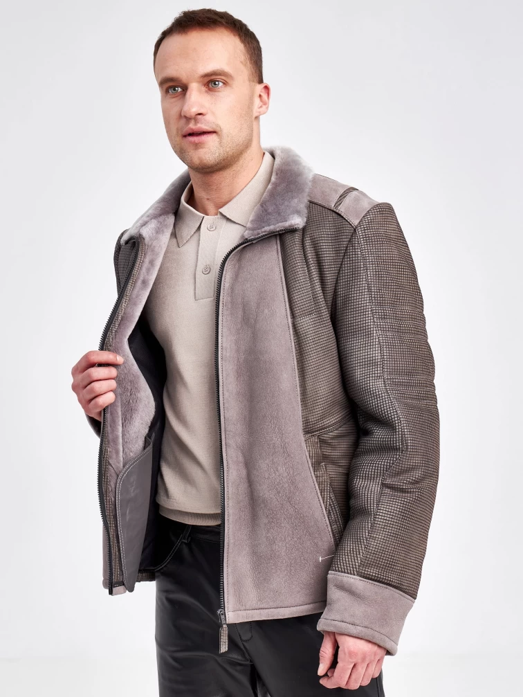 Комбинированная короткая мужская дубленка 40072, серая, короткая, размер 50, артикул 71240-6