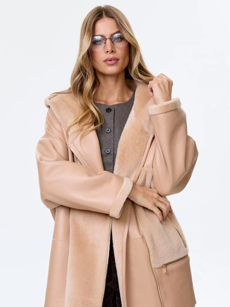 Молодежное полупальто из натуральной овчины для женщин с капюшоном премиум класса 2056, бежевое, размер 48, артикул 64350-2