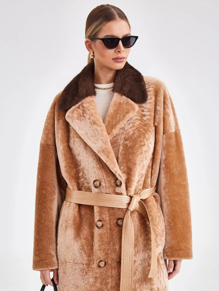 Двусторонняя двубортная женская шуба из астрагана с мехом норки премиум класса 2017, бежевая, размер 44, артикул 62800-0