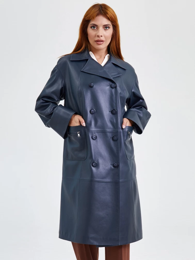 Кожаный двубортный плащ женский премиум класса 3012, синий, размер 56, артикул 91771-3
