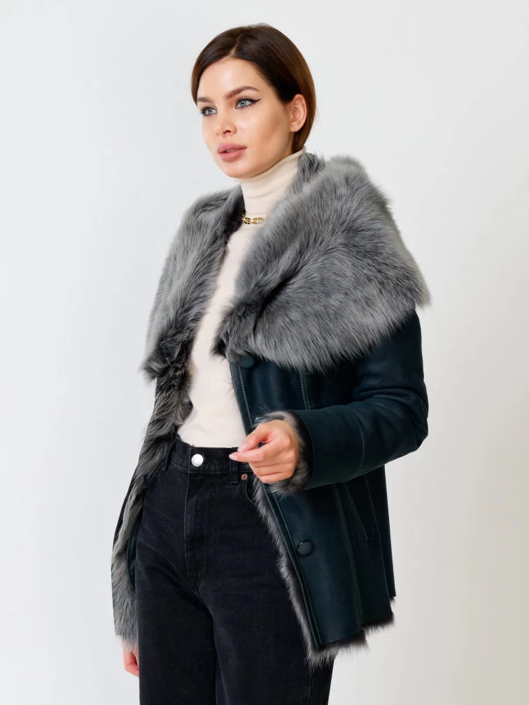 Короткая женская дубленка из тосканы с капюшоном 122, синяя, размер 40, артикул 61852-1