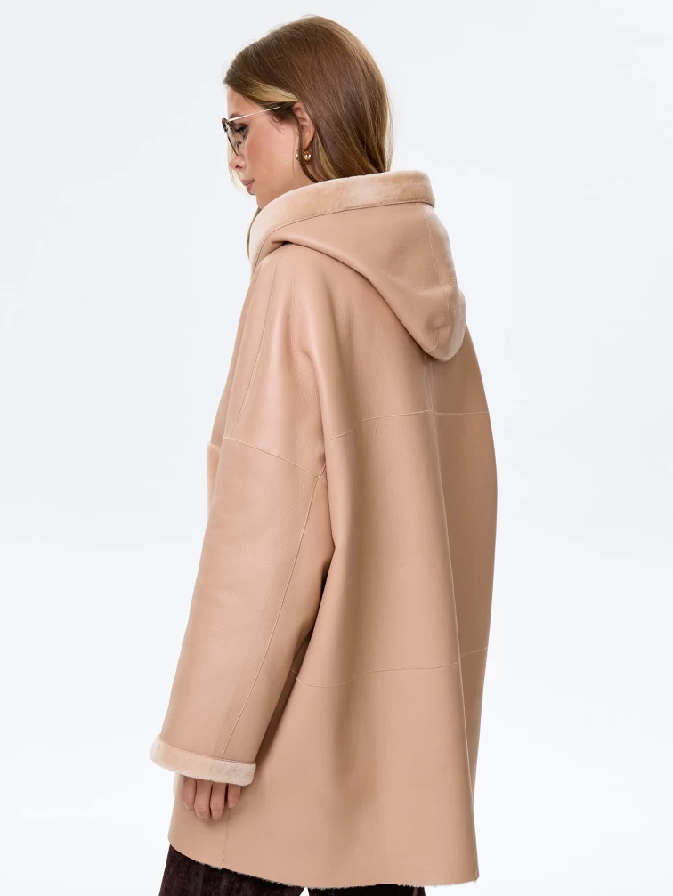 Молодежное полупальто из натуральной овчины для женщин с капюшоном премиум класса 2056, бежевое, размер 48, артикул 64350-6
