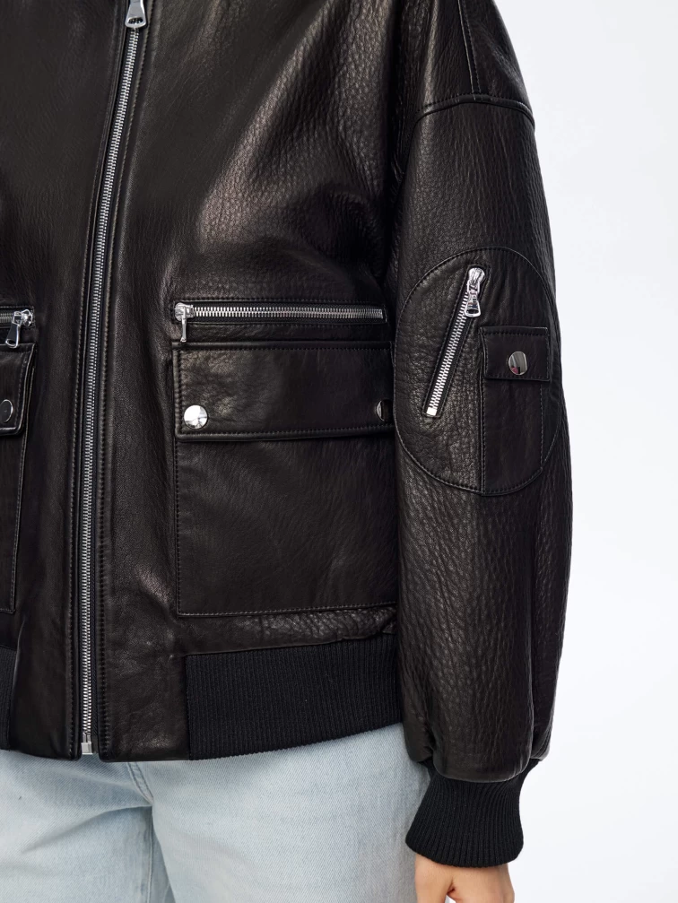 Короткая кожаная куртка бомбер для женщин премиум класса 3064, черная, размер 44, артикул 24040-3