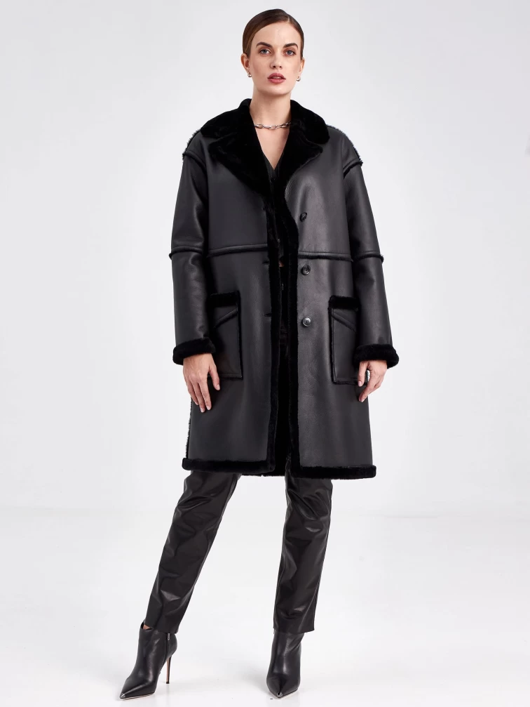 Удлиненная женская дубленка оверсайз премиум класса 2014, черная, размер 44, артикул 62701-5