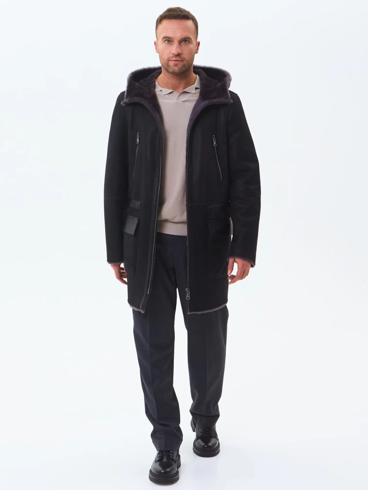 Длинная мужская дубленка с капюшоном премиум класса 429, черная, размер 52, артикул 71460-6