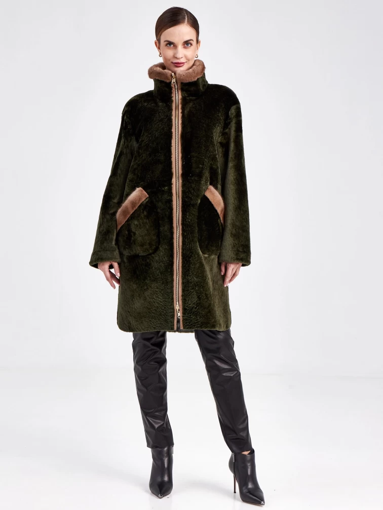 Женская двусторонняя дубленка из астрагана с мехом норки премиум класса 2018, хаки, размер 44, артикул 62771-1