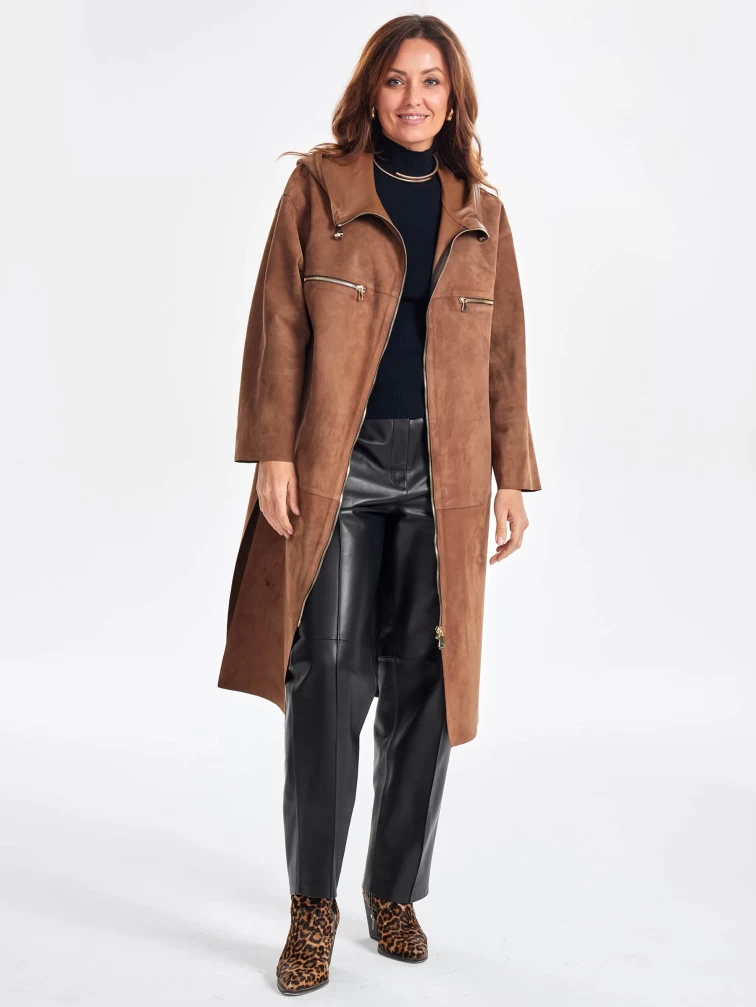 Замшевое женское пальто оверсайз с капюшоном на молнии премиум класса 3058з, светло-коричневое, размер 52, артикул 25700-1