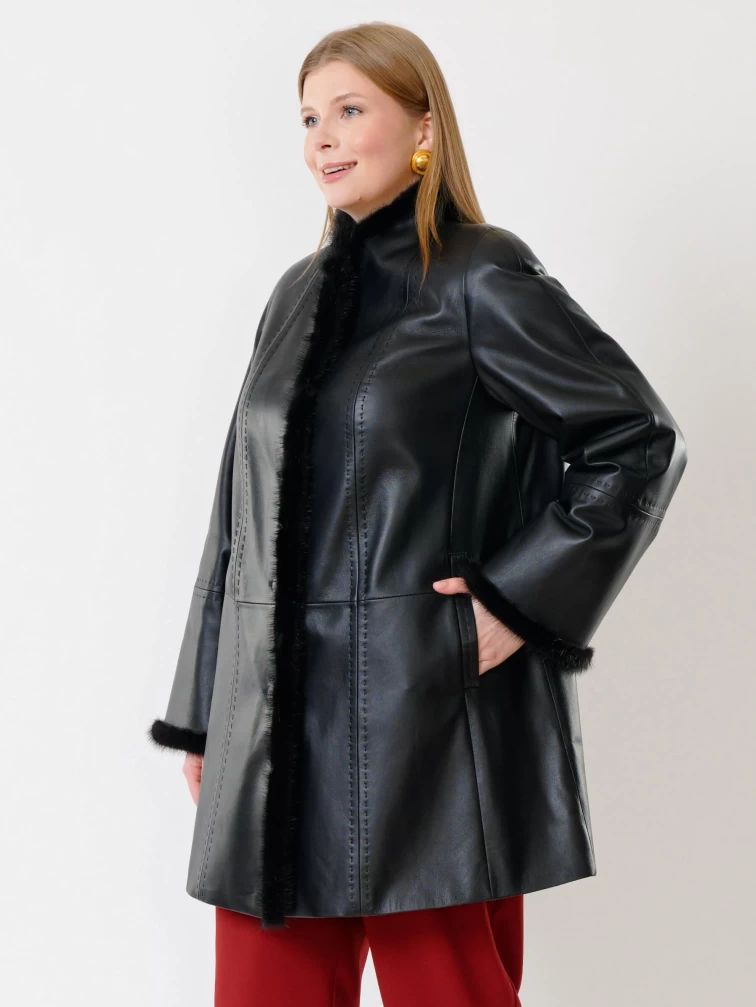 Утепленный женский кожаный плащ с норкой 312рс, черный, размер 44, артикул 23710-6