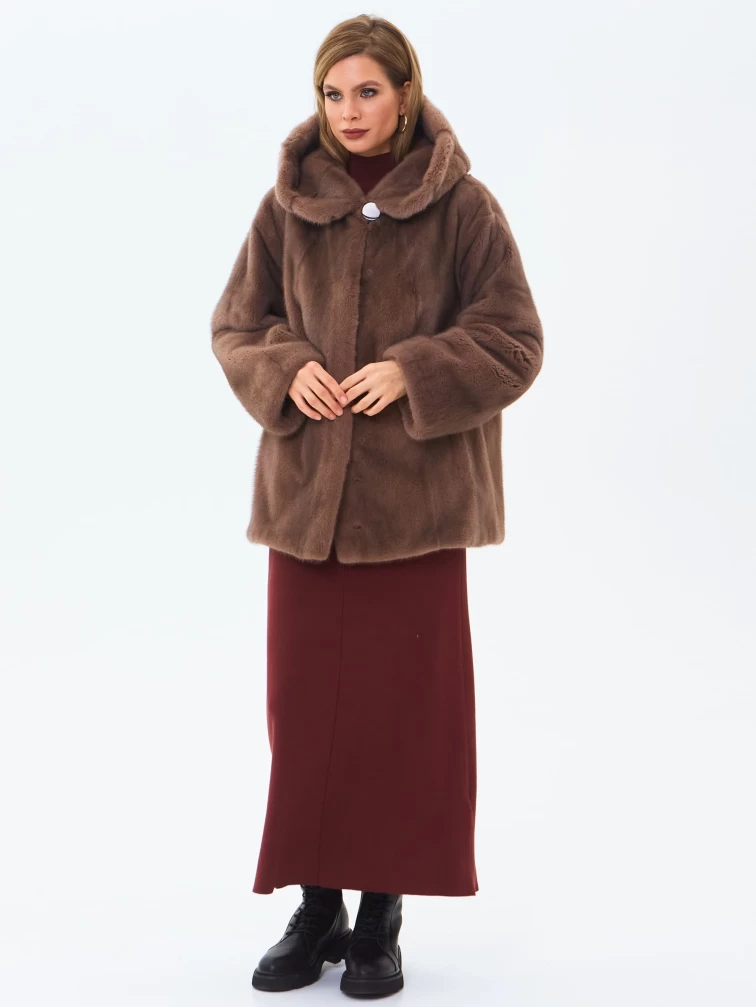 Женская норковая шуба с капюшоном премиум класса Жанет(к), бежевая, размер 58, артикул 34220-6