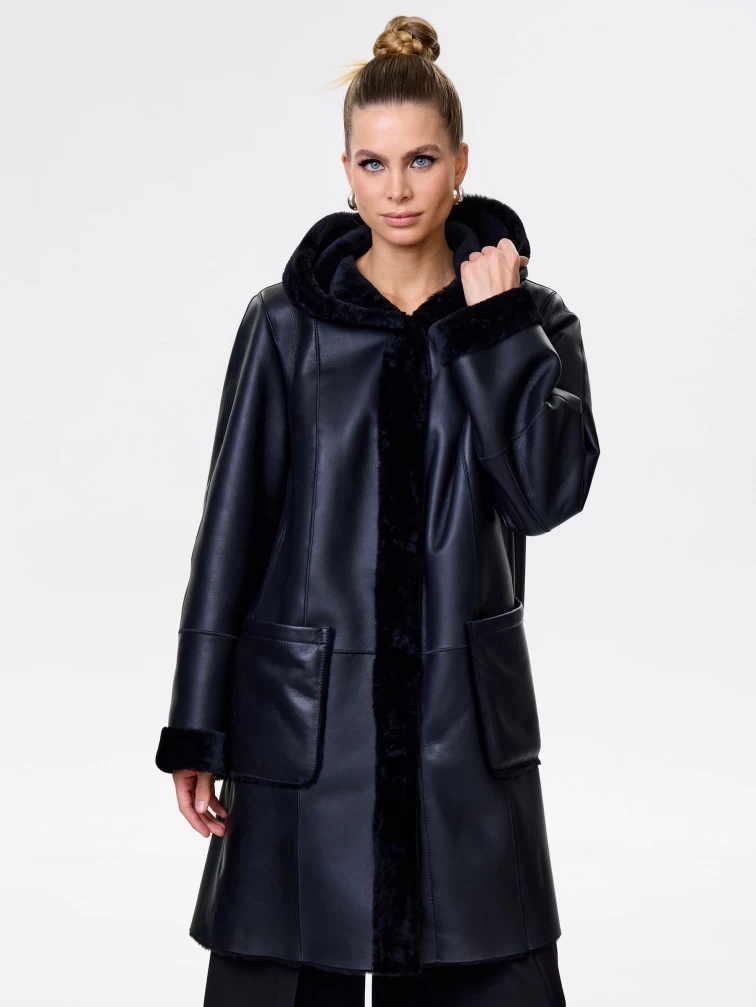 Женская классическая дубленка с капюшоном премиум класса 2004, черная, размер 56, артикул 62820-3