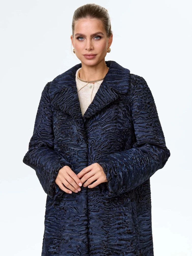 Длинная женская шуба из меха каракульчи премиум класса Лола(ав), синяя, размер 48, артикул 34010-0