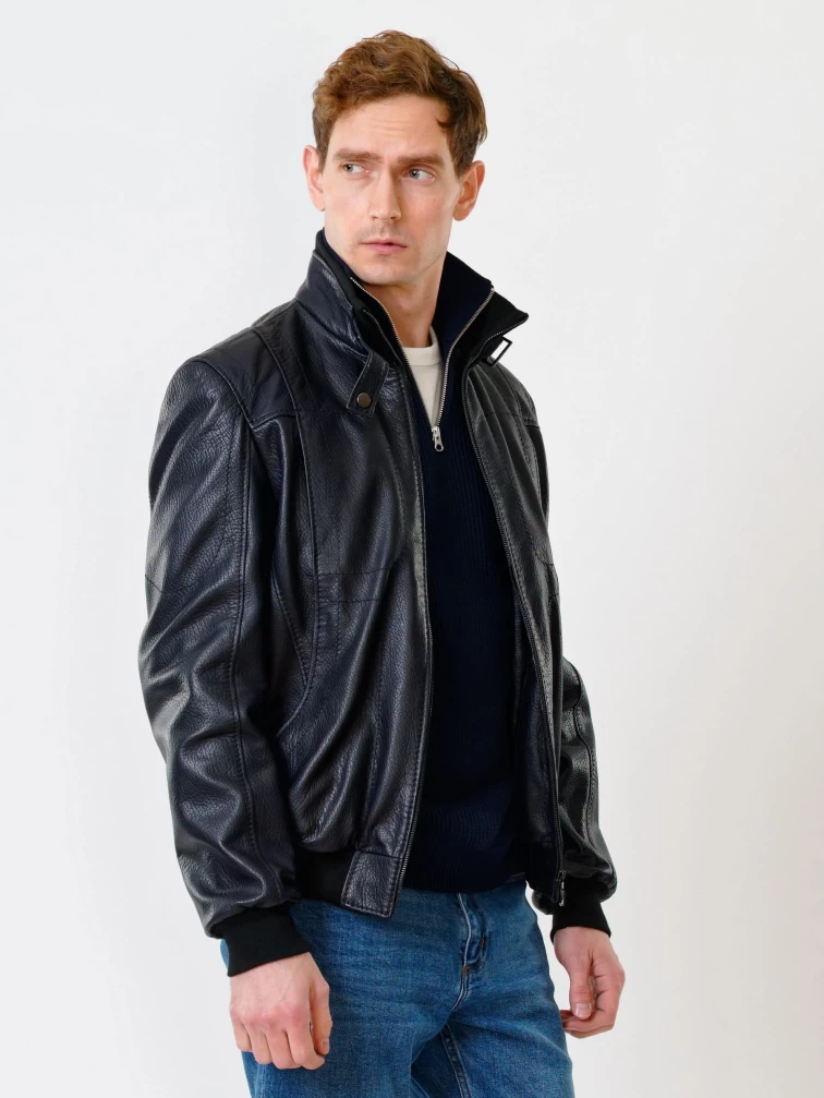 Кожаная куртка бомбер мужская премиум класса 521, синяя, размер 50, артикул 28560-6