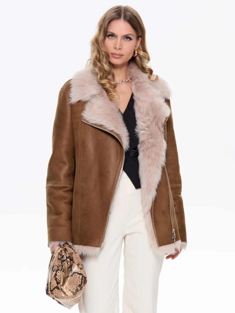 Короткая женская дубленка из тосканы 2068, бежевая, размер 56, артикул 64730-0