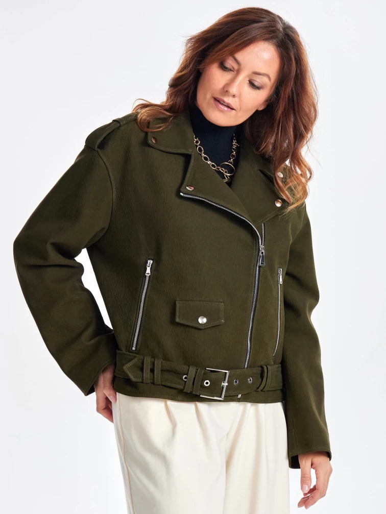 Короткая кожаная куртка косуха с поясом для женщин премиум класса 3052, хаки, размер 44, артикул 23460-2