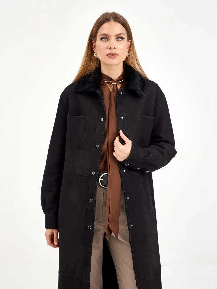 Длинная замшевая женская дубленка 2086, черная, размер 44, артикул 64980-6