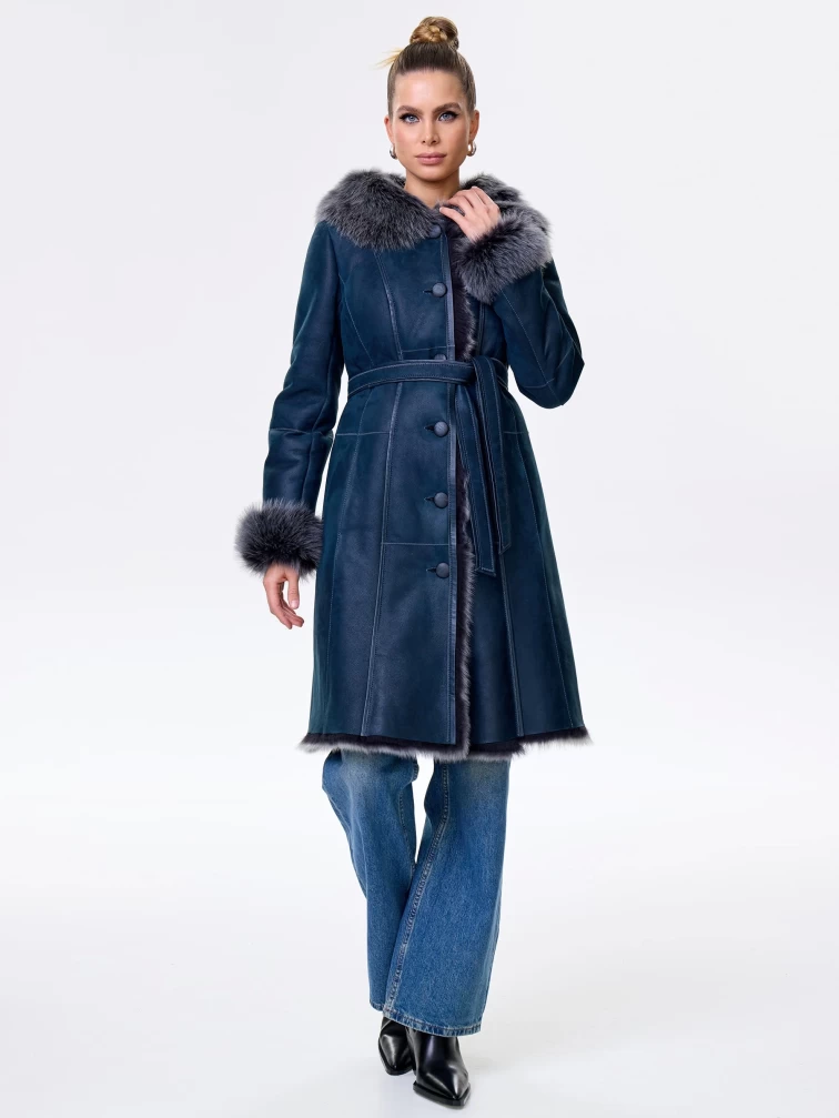 Длинная женская дубленка из тосканы с капюшоном 123нк, синяя, размер 40, артикул 61913-4