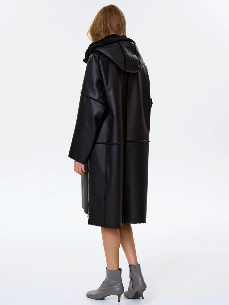 Стильная женская дубленка оверсайз с капюшоном премиум класса 2052, черная, размер 46, артикул 64470-5