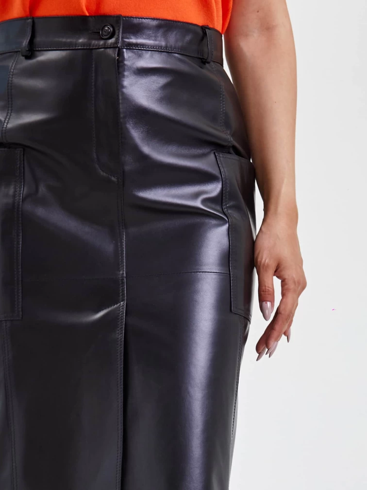 Кожаная юбка с разрезом 10, черная, размер 44, артикул 85580-2