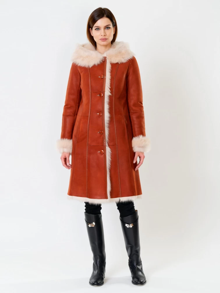 Длинная женская дубленка из тосканы с капюшоном 123нк, виски, размер 40, артикул 61891-3